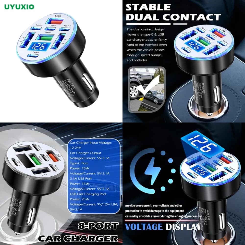 UYUXIO Caricabatterie da Auto Multiporta 4 PD 4 USB A con Display di Tensione, Ricarica Super Veloce con Voltmetro per iPhone