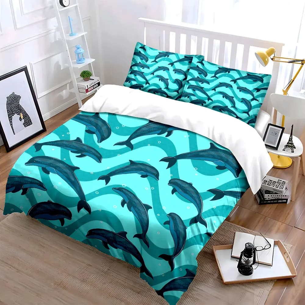 Set decorativo Ocean Dolphin, set di biancheria da letto morbido e delicato sulla pelle, include 1 copripiumino e 2 federe, regalo