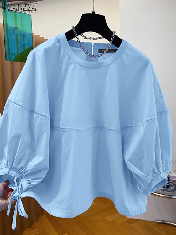 2025 ZANZEA Elegante Autunno Camicetta Donna Solid OL Top da lavoro Elegante Casual O Collo Manica 3/4 Camicia da ufficio Coulisse Orlo Blusas