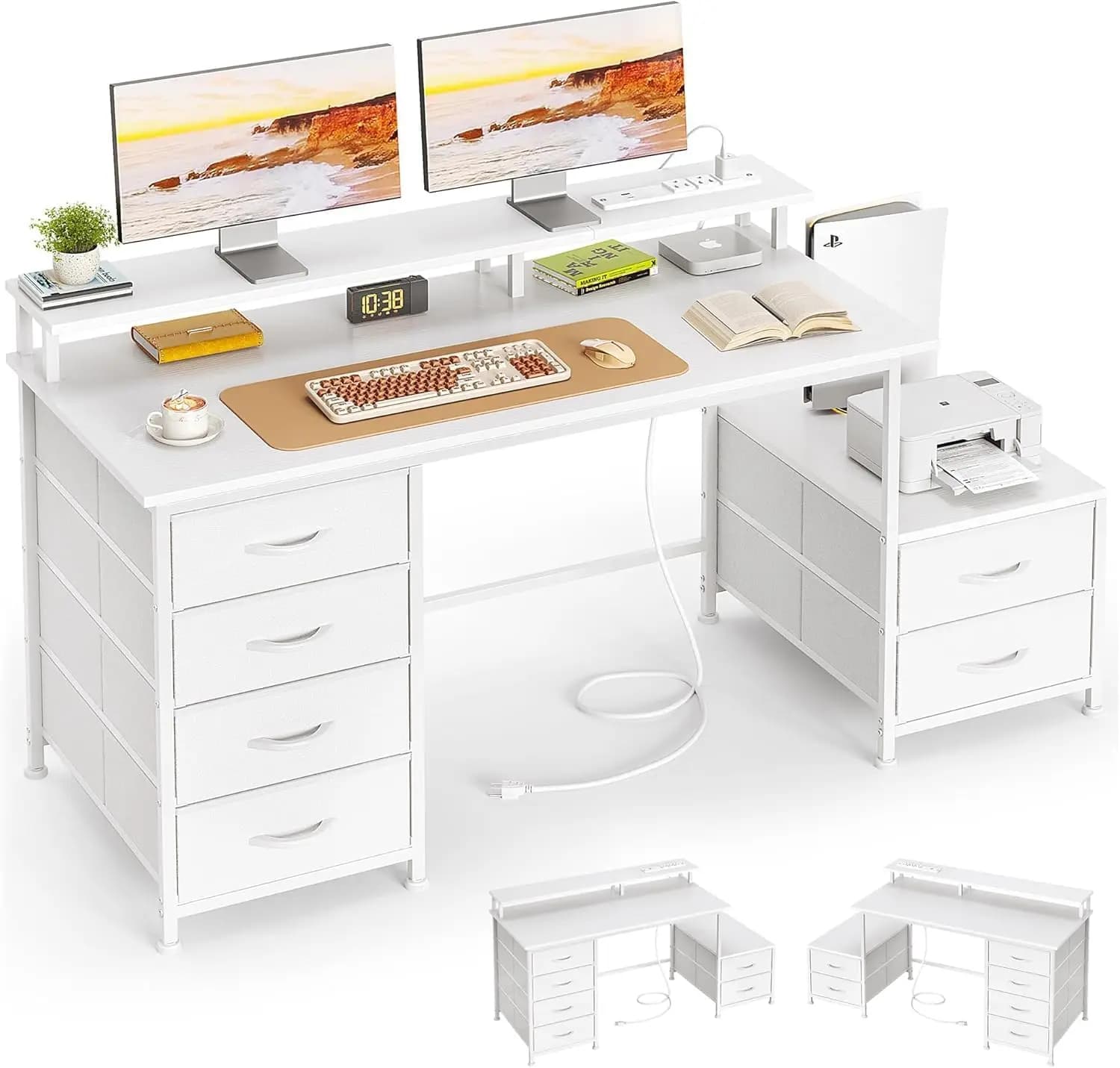 Office desk from 52 Inches with 6 Drawers, Printer space, Monitor support and Current sockets, White Reversible Computer Desk for Home Office