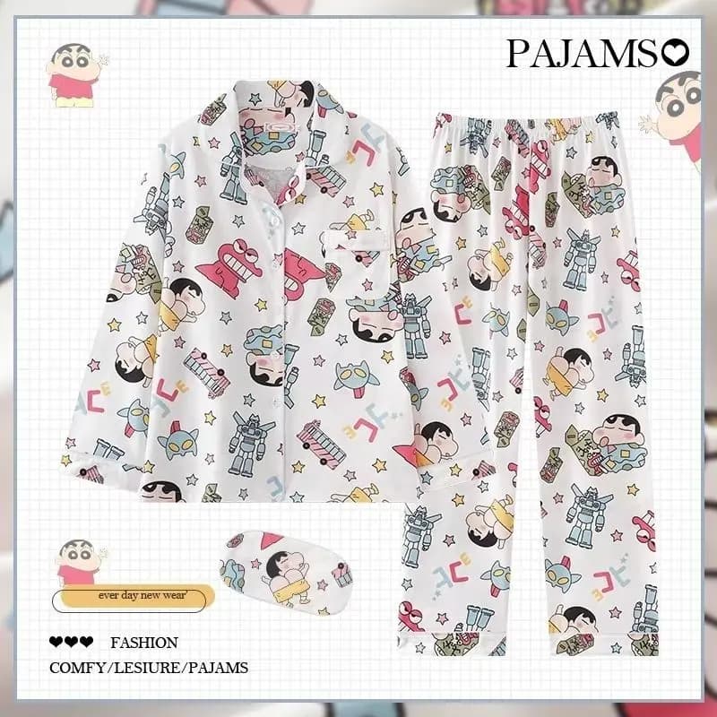 Anime Crayon Shin-Chan Pigiama da donna Ragazze Pjs Primavera Autunno Stampa Risvolto Pantaloni a maniche lunghe Cartoon Casual Kawaii Vestiti per la casa