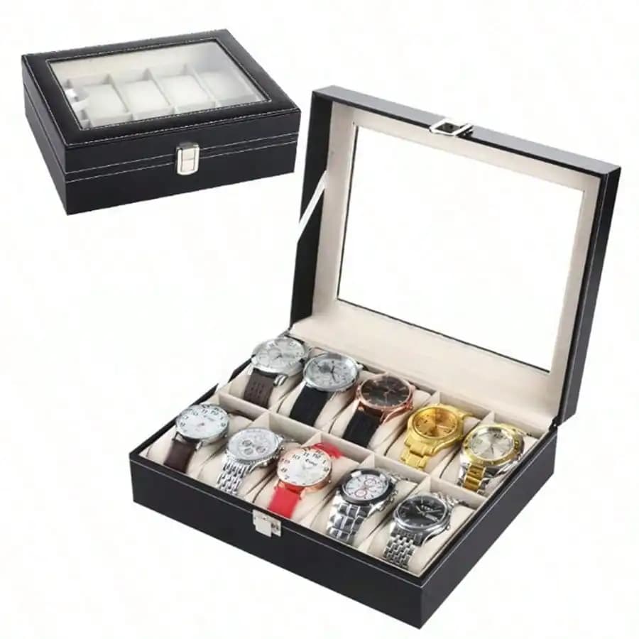 Scatola Porta Orologi con 10 Scomparti, per Uomo e Donna, Espositore per Orologi, Scatola per Conservazione Orologi con Cuscini Rimovibili, Chiusura in Metallo, Pelle PU, Nero