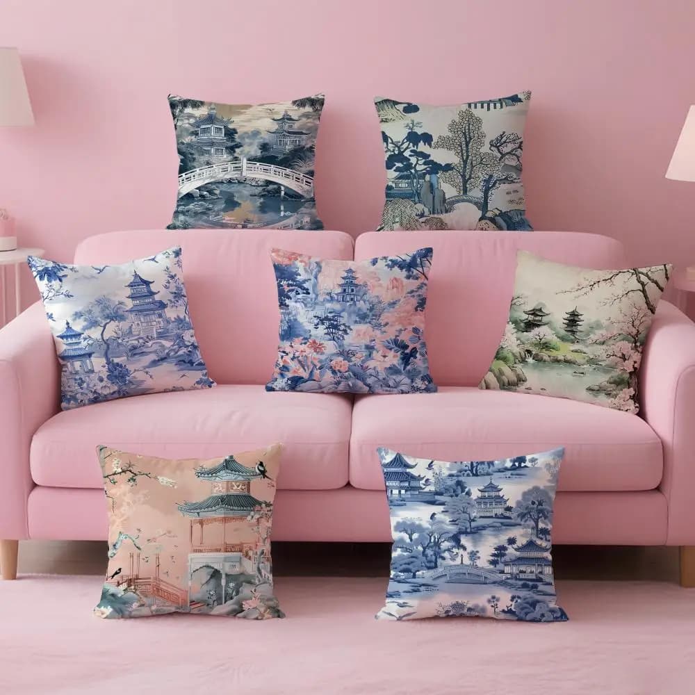 Fodera per cuscino con dipinti cinesi dallo stile elegante e discreto, tessuto morbido e delicato sulla pelle e cerniera nascosta