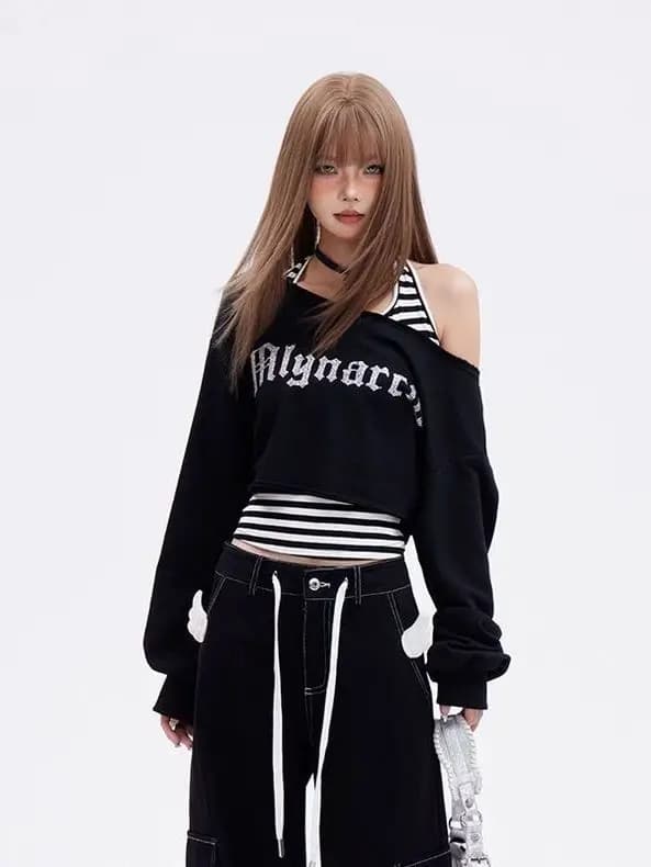 Black Shoulder-baring Short Sweatshirt Set with Stripe Strap Vest And Long Sleeve Sportswear Casual Style Polyester Fabric