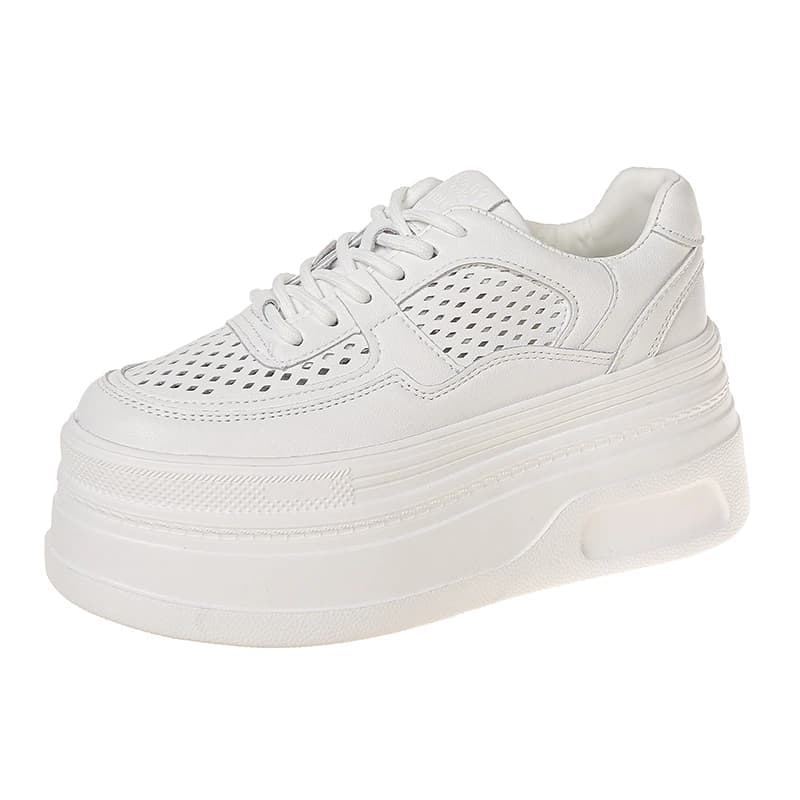 Scarpe estive da donna con fondo spesso e plateau, traspiranti, da 12 cm, con rialzo, scavate, calzature casual, suola in gomma, microfibra