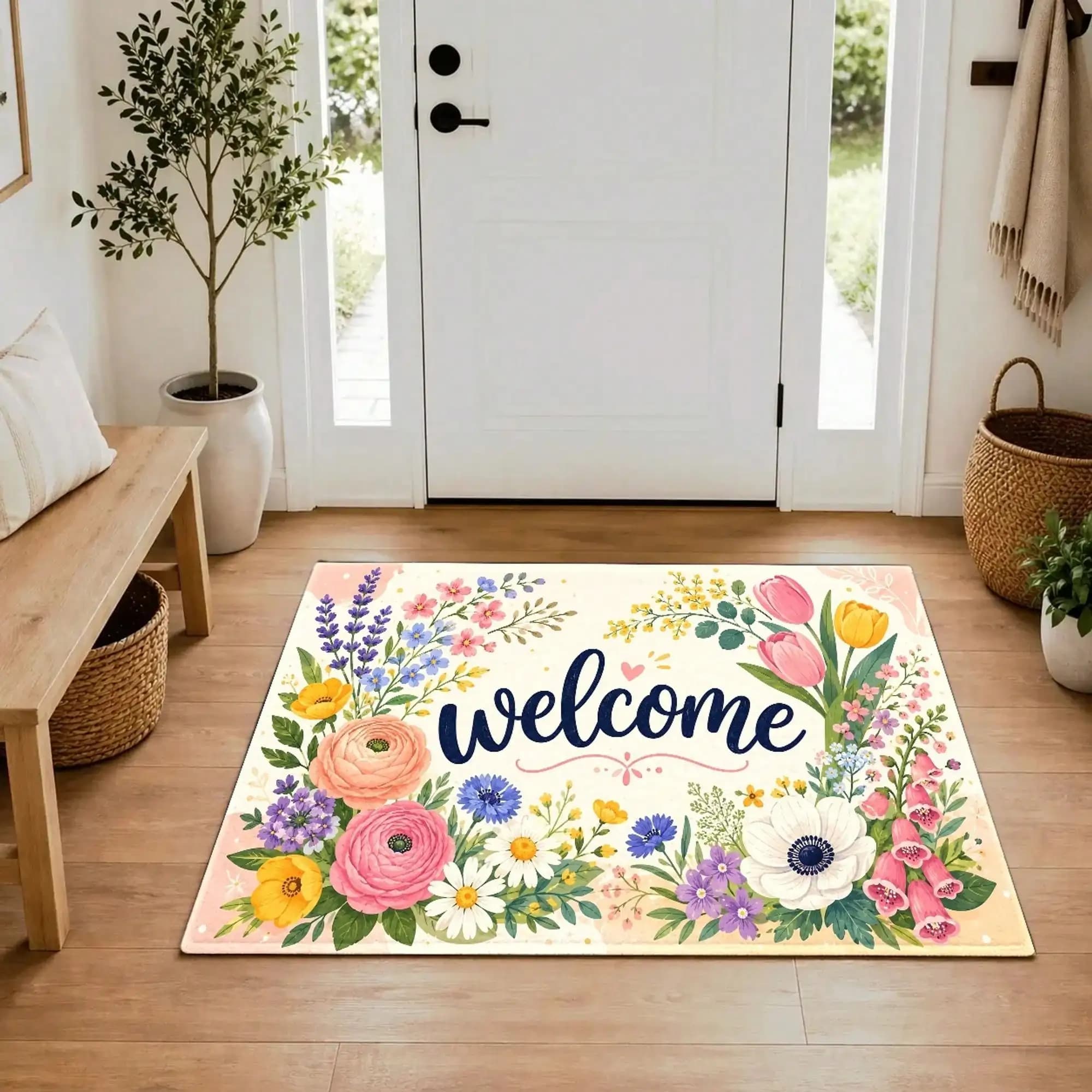 1pc Rustic Floral Welcome Doormat Suitable For Entryway, Non-Slip Backing & Machine Washable With Warm Flower Pattern, Soft Flannel Mat Suitable For Bedroom, Living Room, Home Entrance, Durable Decorative Entry Mat