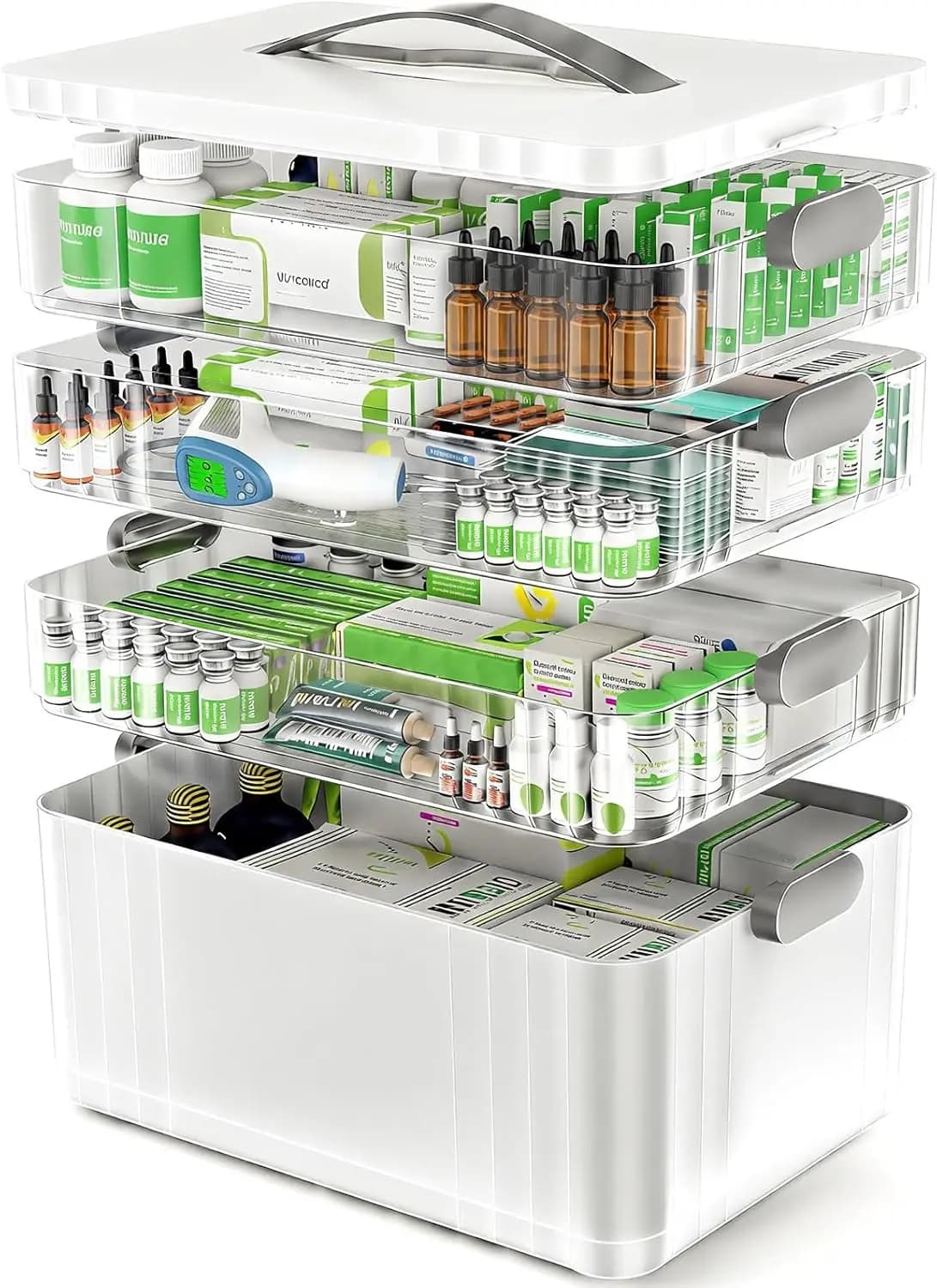 Organizzatore di Medicinali Portatile a 4 Livelli con Maniglia, Scatola Multiuso per Kit di Pronto Soccorso Domestico