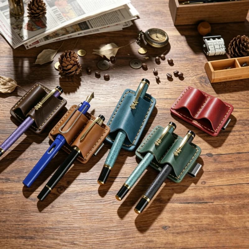 Portapenne in Pelle con 1/2 Fori, Portapenne Retrò in Pelle Bovina con Clip in Metallo per Quaderni, Diari, Agende e Cancelleria
