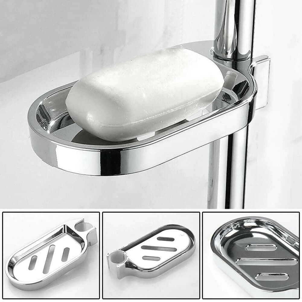 Wall Mounted Liftable Shower Soap Tray With Hollow Drain Design ABS Silver Chrome For Bathroom Rod Installation 17x8.5cm