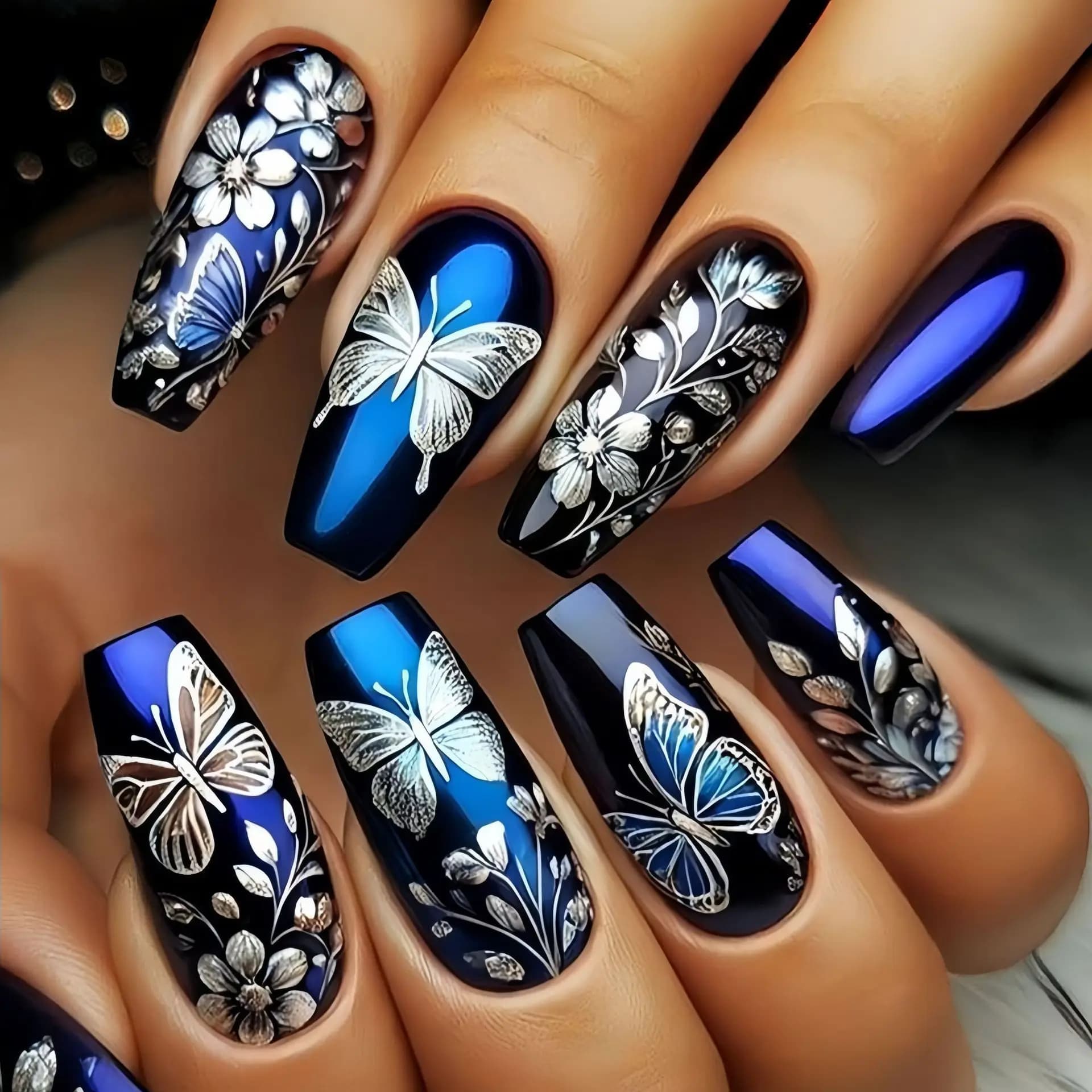 Medium long fake nails for women and girls, butterfly flowers, cute owl design, ballet, square almond tips, print on art set for fake nails