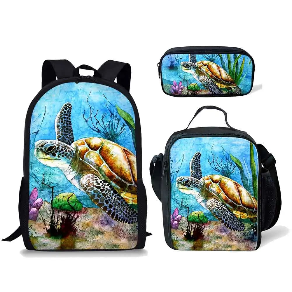 Classic Novelty Peculiar Cool Turtle Pattern 3D Print 3pcs/Set pupil School Bags Laptop Daypack Backpack Lunch bag Pencil Case