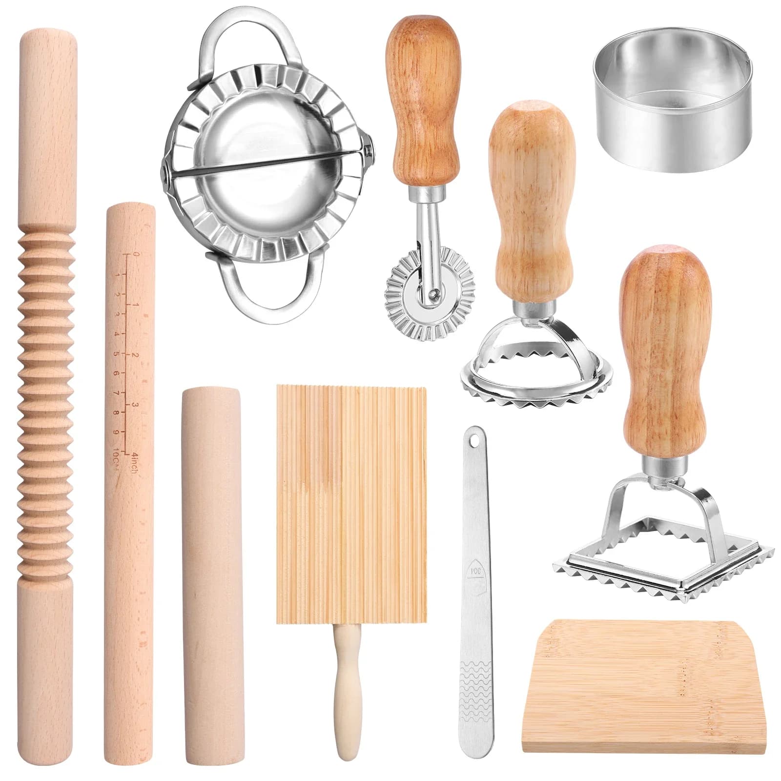 Set di 11 Utensili per Fare la Pasta, Kit Efficiente con Mattarello Filettato in Legno, Tagliapasta, Tavola per Gnocchi e Stampo per Ravioli