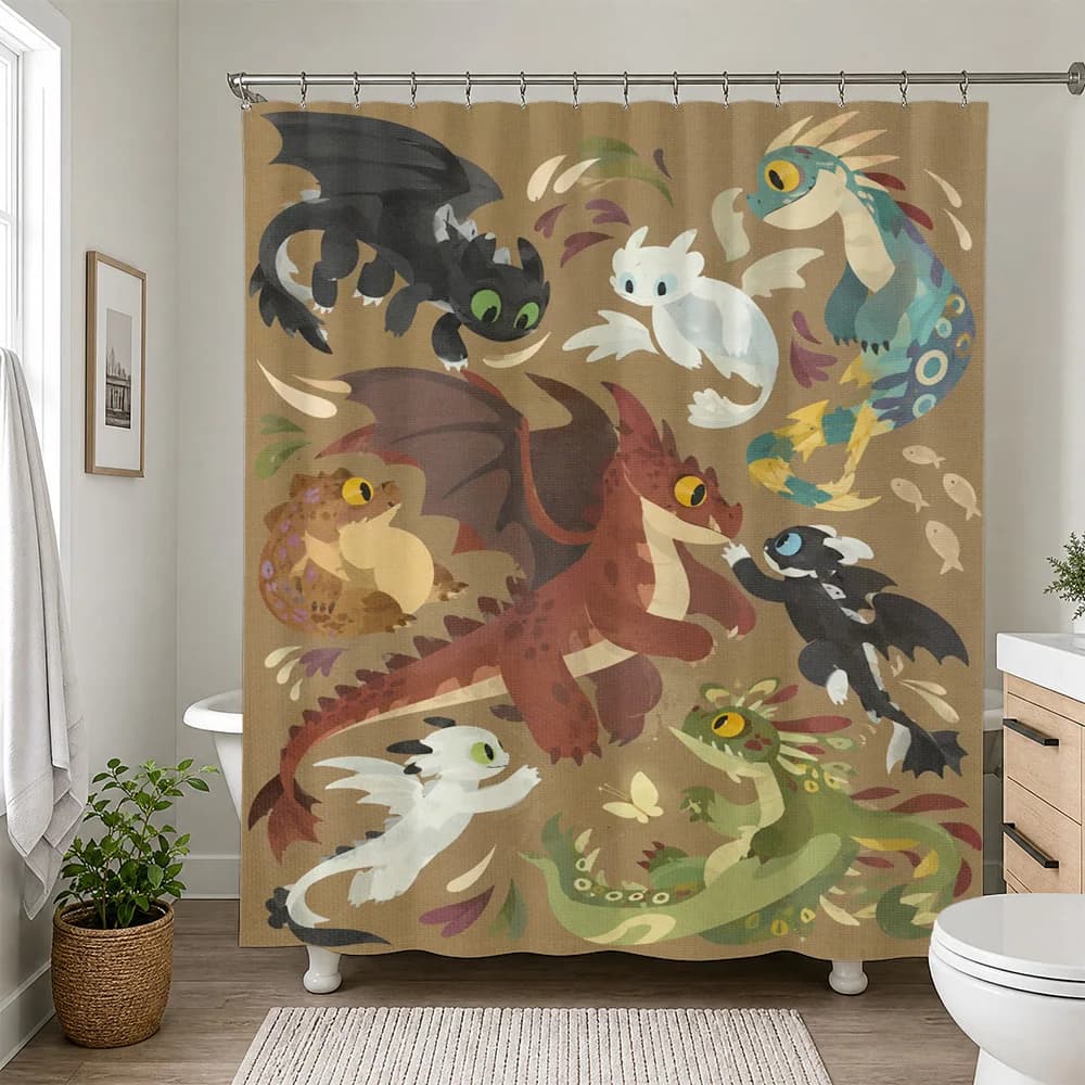 Cute Cartoon Dragons and Mythical Creatures Shower Curtain Bathroom Decor Fun Kids Novelty Shower Curtain