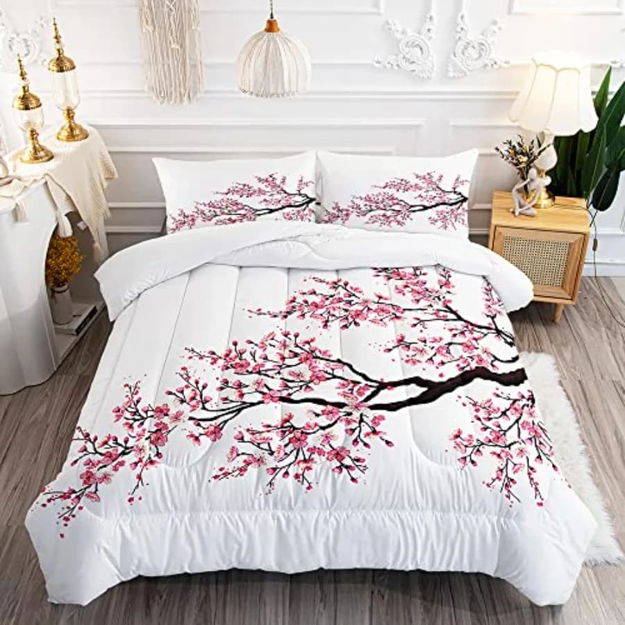 Set Copripiumino Romantico con Rami di Fiori di Ciliegio Asiatico per Ragazze e Adolescenti, Design Floreale Orientale con Petali, Trapuntato