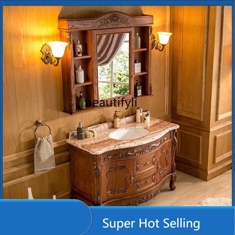 Mobile Bagno in Legno Massello Stile Europeo 54, Mobile Bagno in Rovere Rosso, Combinazione Lavabo e Specchio