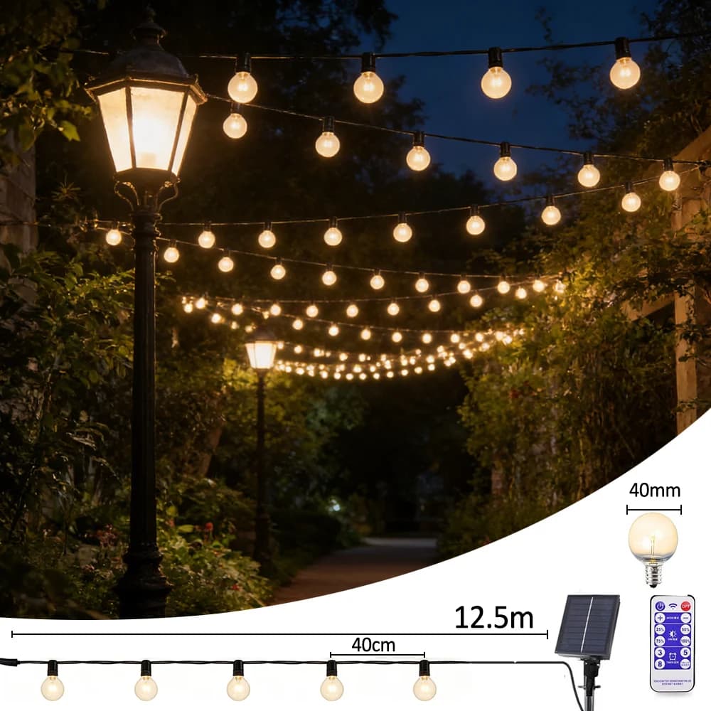 Luci a Stringa Solari LED G40 per Esterni, Lampadine in Plastica Trasparente da 40mm, 8 Modalità di Illuminazione con Funzione Timer per Decorazioni da Giardino