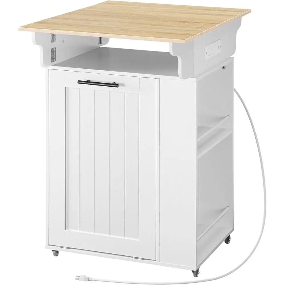 Isola da Cucina con Contenitore per Rifiuti, Isola da Cucina Mobile con Piano Ribassato, Tavolo da Isola con Presa di Corrente e Porta Spezie