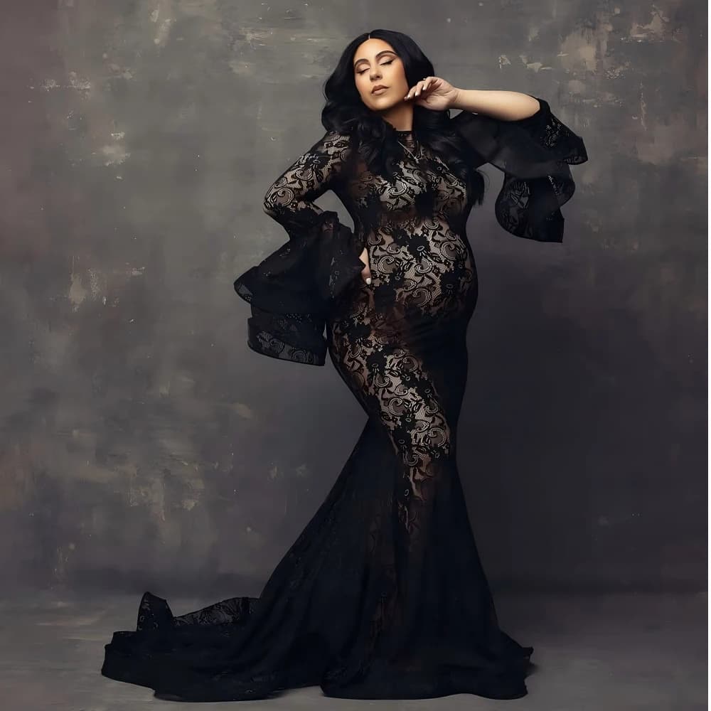 Sexy Maternity Dress in Black Lace in Mermaid with Long Sleeves Smurf, Lightweight and Fluid for Photo Services, Made to Measure