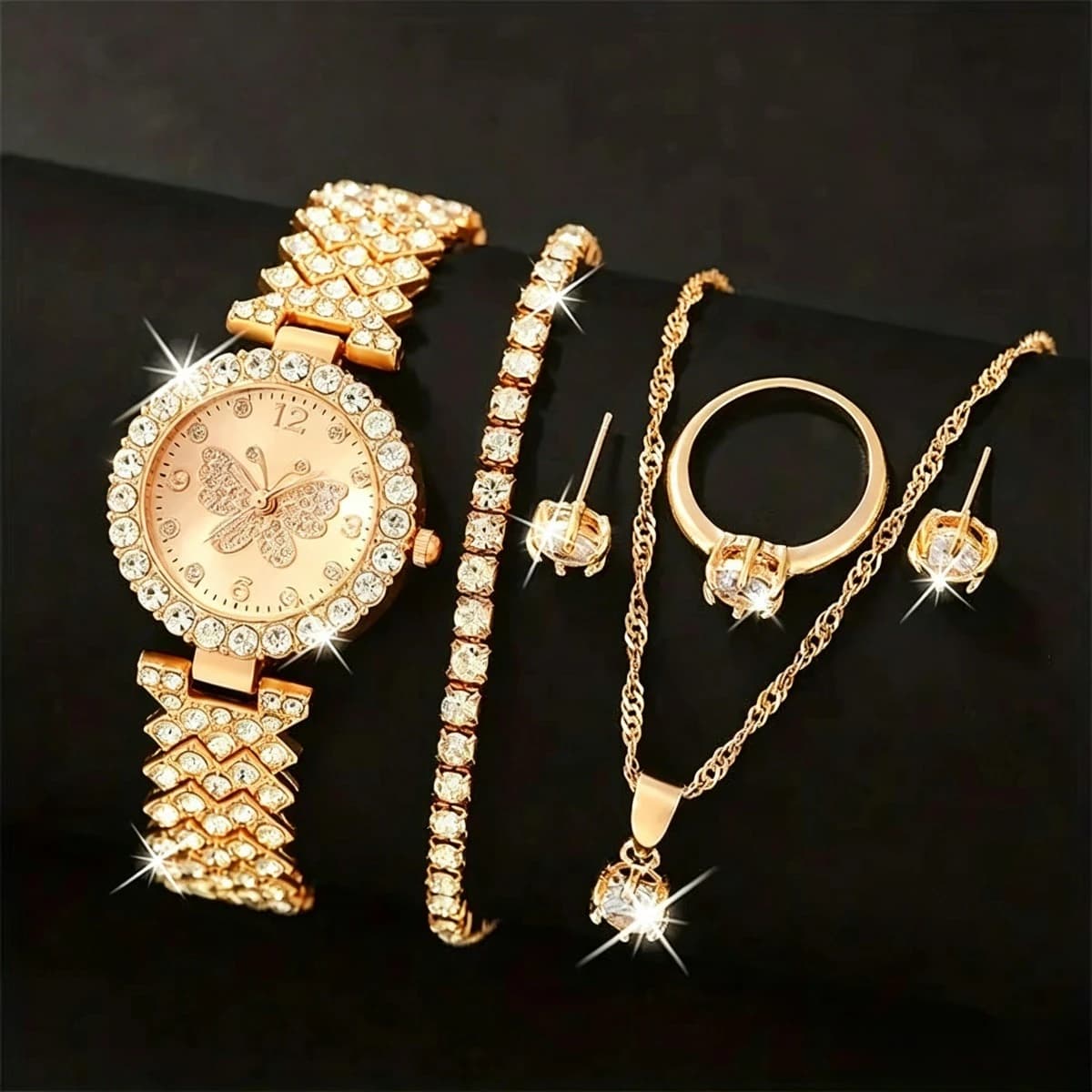 Set di 6 orologi da donna al quarzo con strass di lusso, orologio da polso al quarzo con cinturino a farfalla, set di gioielli (senza scatola)
