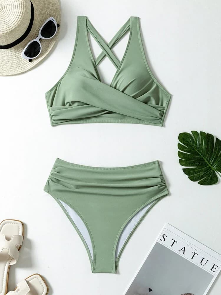 Bikini Women Swimsuit 2026 New Solid Sling V Neck Bikinis Set Sexy High Waist Swimwear Summer Beachwear Bathing Suit For Female