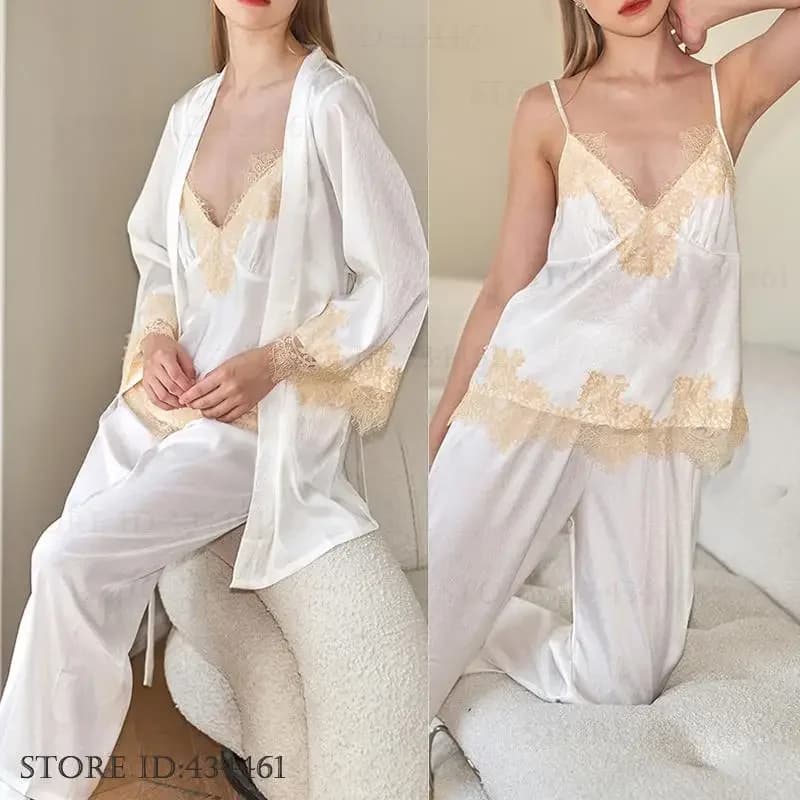 Elegant silk satin women's nightwear 3 pieces pajamas dress set clothes for home bathrobe cami dress pants spring fall homewear pyjamas