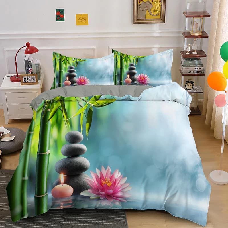 Set copripiumino in bambù verde pietra Zen Set biancheria da letto con stampa ad acqua naturale Copripiumino Queen King Size Tessili decorativi per la casa