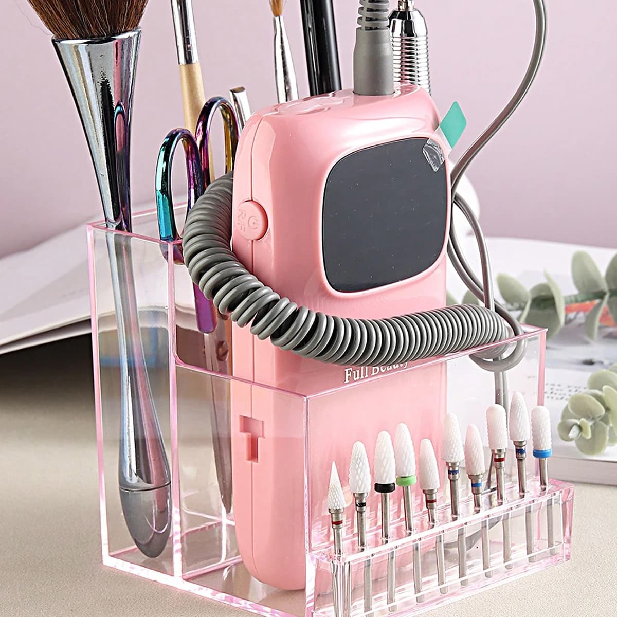 A compact support and organizer for mini nail drill tips, for nail polishing tools, with a storage box and a display