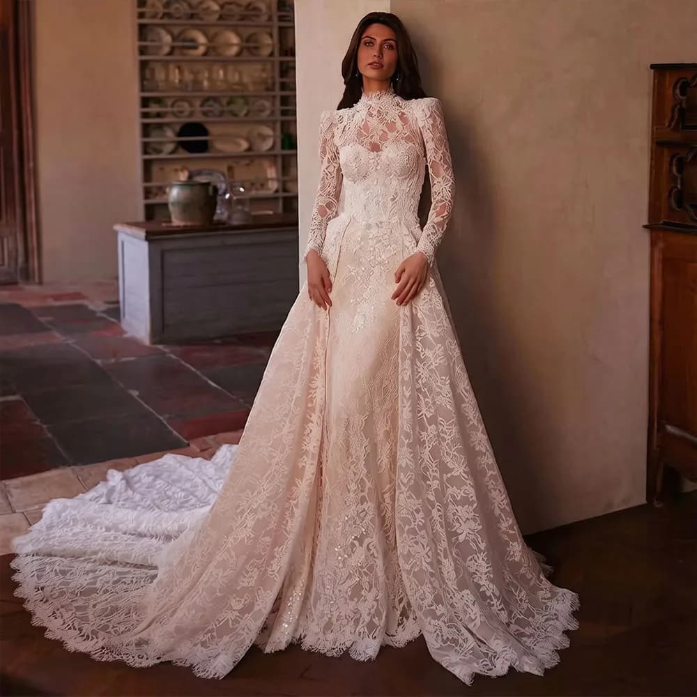 Luxury Lace Wedding Dresses Long Sleeve High Neck A Lien Bride Dress Detachable Train Mermaid Bridal Gown for Women Customized