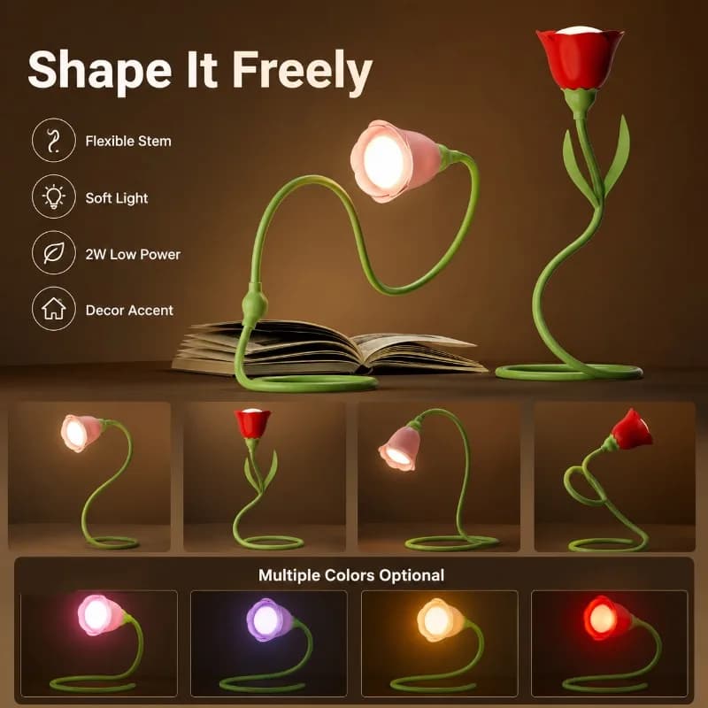 Creative Rose Flower Table Lamp Flexible Silicone LED Night Light Touch Dimmable Bedside Lamp for Bedroom Desk Home Decor Gift