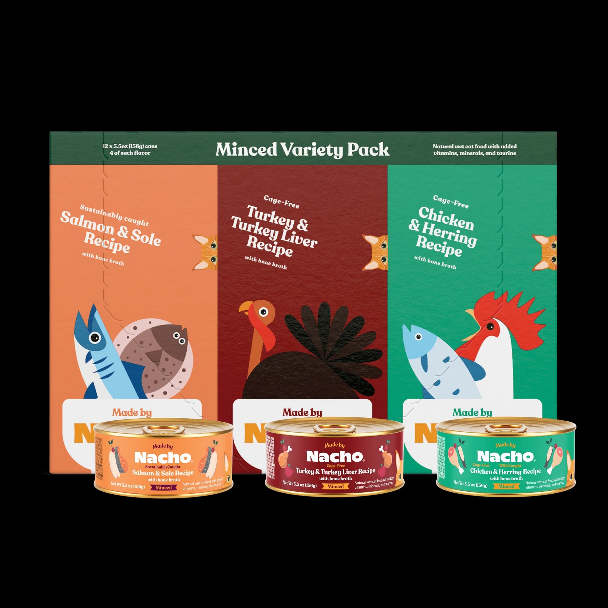 Premium Minced Wet Canned Cat Food with Hydrating Bone Broth, 5.5oz each, 12 Packs, Variety Pack (Turkey & Turkey Liver, Chicken