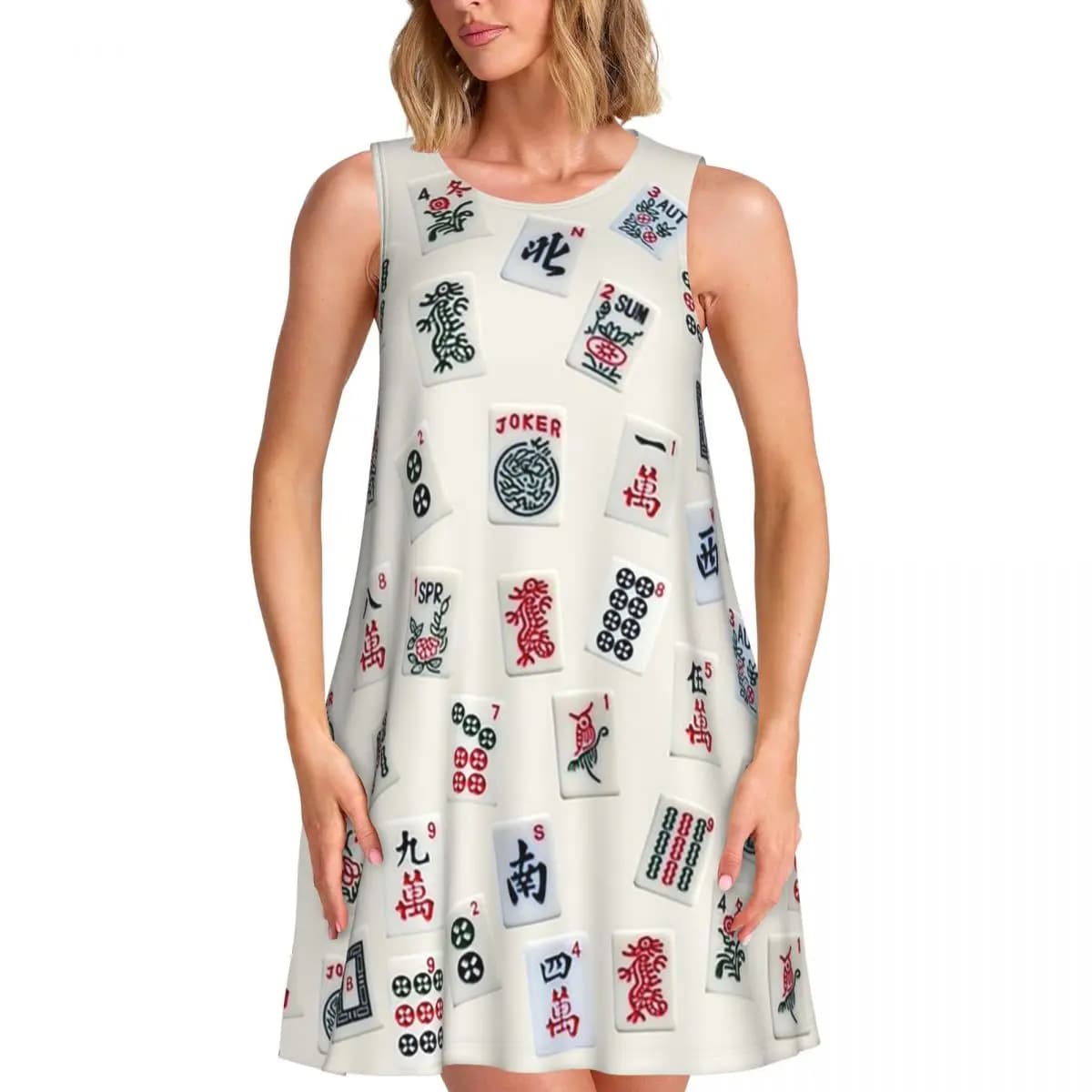 Abito Estivo da Donna con Design a Tessere di Mahjong, Elegante Vestito Senza Maniche con Collo Tondo, Abito Largo da Strada
