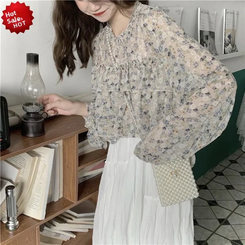 Floral Print Sweet Salt Series Women's Chiffon Shirt Beautiful Sunscreen Fashionable Spring Summer Top Breathable Long Sleeve
