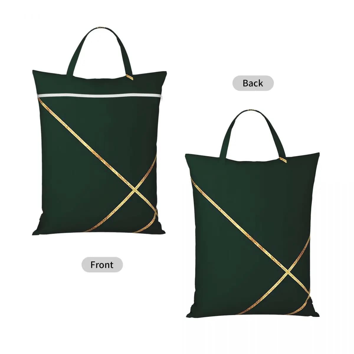 Minimalist Dark Green And Gold Lin Travel Laundry Bag Waterproof Reusable Dirty Clothes Pouch Gym Yoga Camping Washing Basket