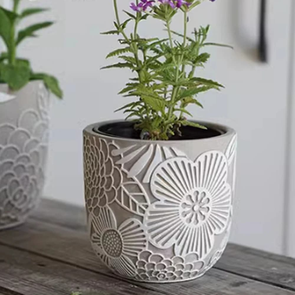 Stampo in silicone per vaso per piante europee in cemento Decorazione semplice per foglie di fiori design con motivo in rilievo Stampi in silicone per vaso di fiori in cemento