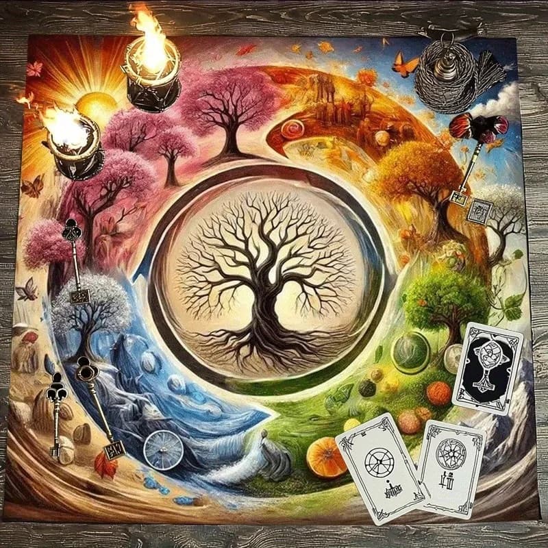 Tovaglia per Tarocchi con l'Albero della Vita e il Ciclo delle Quattro Stagioni, Panno per Altare Utilizzato per Divinazione e Profezia, Giochi di Carte