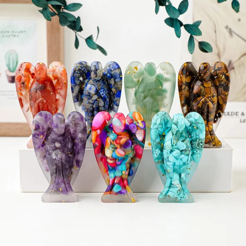 Natural Crystal Chip Carving Epoxy Resin Angel Figurine - Spiritual Energy Meditation Resin Handicraft Home Decoration Gemstone