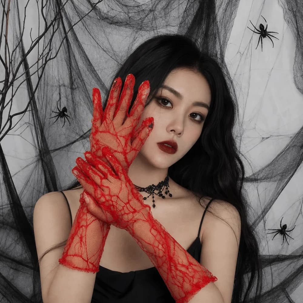 Fashion Solid Color Spider Web Gloves Gauze Transparent Women Driving Gloves Mesh Dark Series Long Mittens Halloween