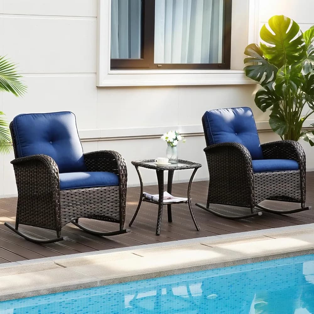 Set of outdoor 3 piece wicker chairs with cushions and glass table, luxury bistro set, PE rattan garden furniture for all seasons w