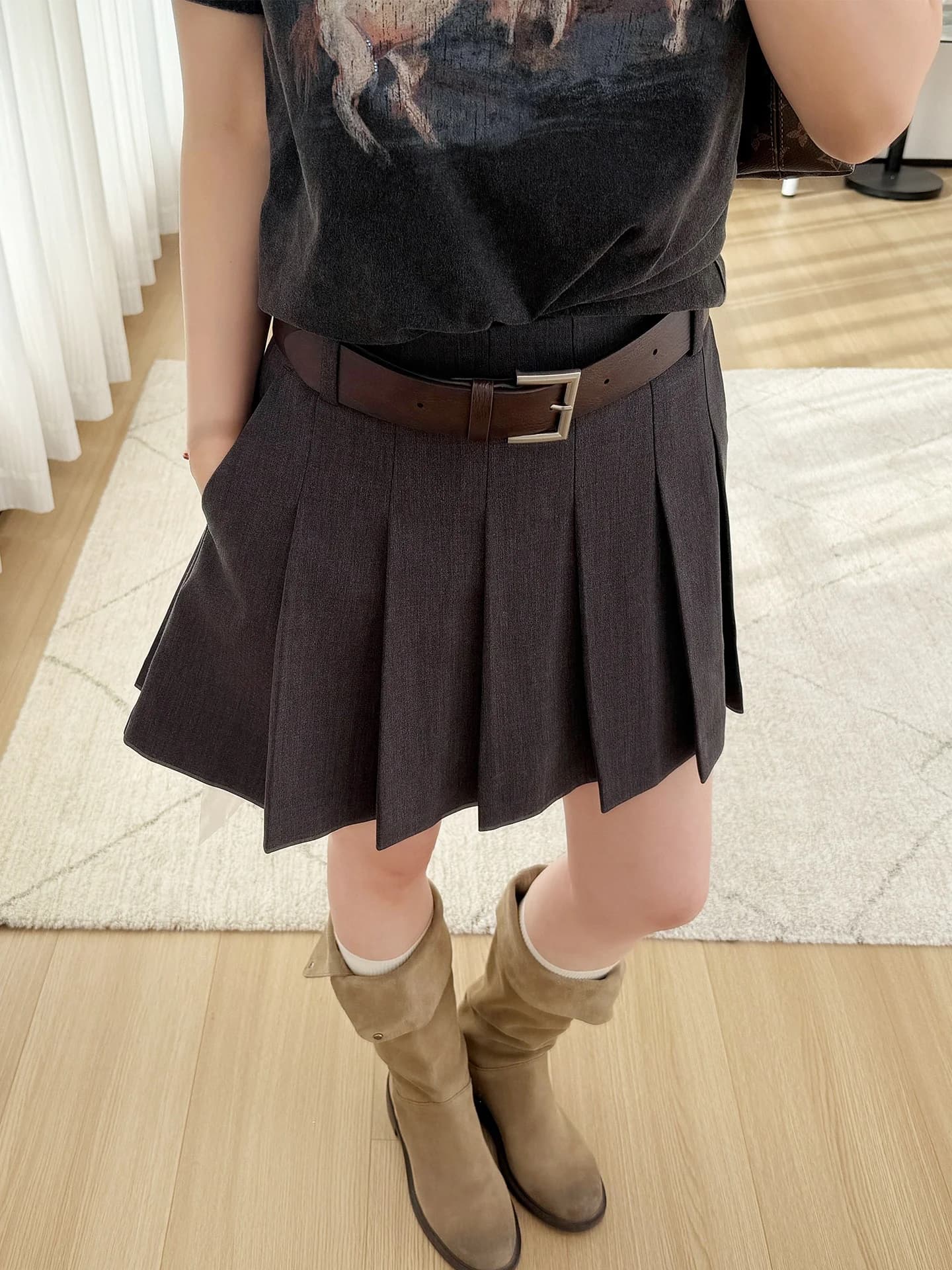 Fuyuan Anti-Aging Grey Woolen Plaid Skirt with Safety Pants High Waist A-Line Women's Skirt with Belt Commute Style