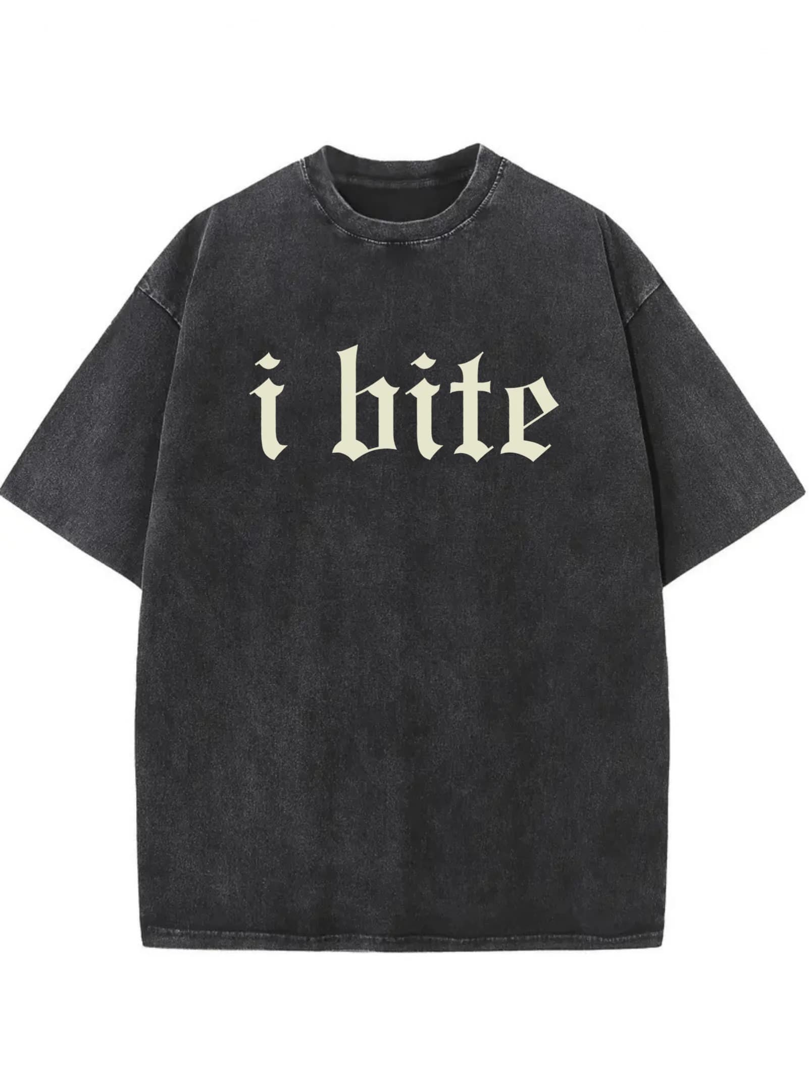 Men's Heavy-Duty Washed T-Shirt with Gothic "I Bite People" Print, Vintage Loose Fit, Crew Neck Short Sleeves - Dark Gray, Suitable for Fitness, Parties, Everyday Wear, Machine Washable, Gym, Themed Clothing, Bold Gothic Design, Birthday and Halloween Gift