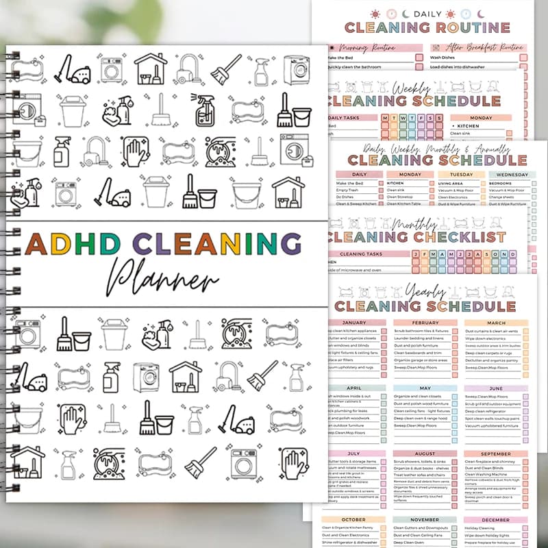 1 agenda per la pulizia con ADHD, quaderno per l'organizzazione domestica con rilegatura a spirale, tracker per la pianificazione quotidiana, settimanale e mensile delle pulizie, diario con la lista delle lavori domestici, guida illustrata divertente per la pulizia (per adulti e adolescenti)