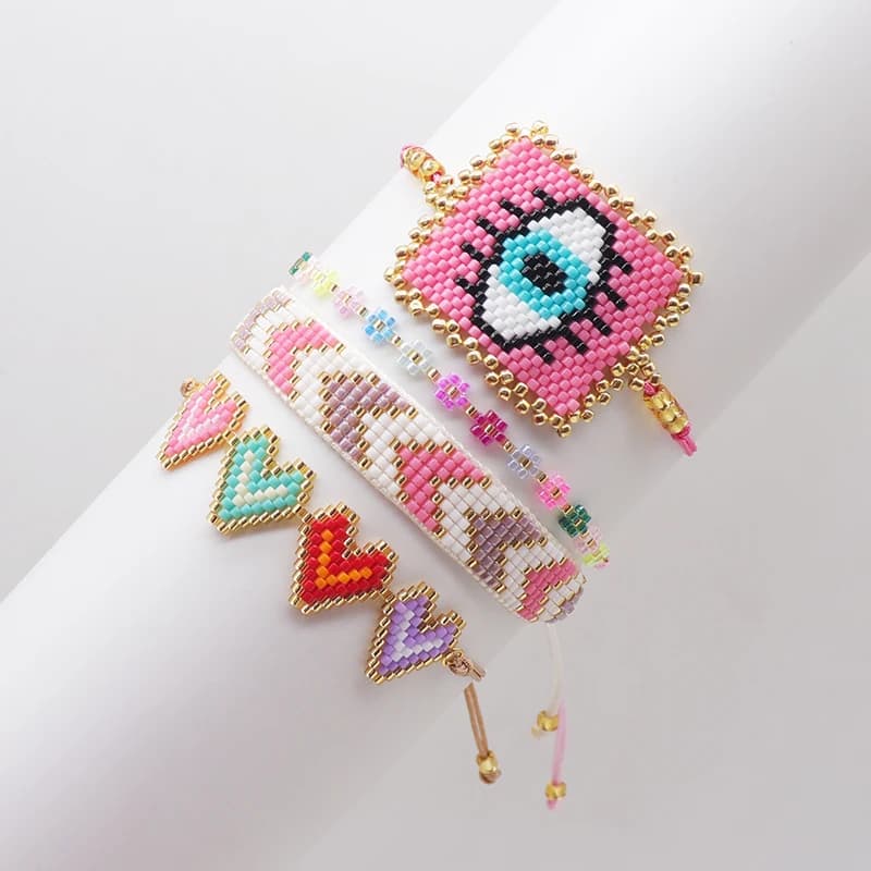 ZHONGVI Exquisite Flower Love Design Bracelets Set Hand woven Adjustable Seed Bead Bracelet For Women's Jewelry Evil Eyes