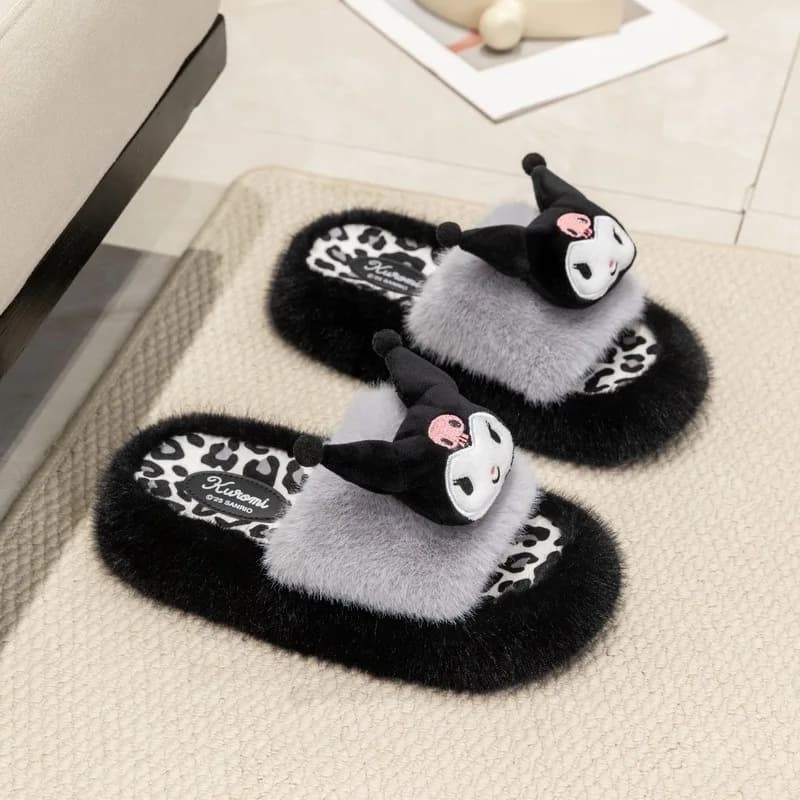 Simpatiche pantofole da casa Kuromi, Kawaii Hello Kitty, pantofole in peluche da donna, anime My Melody, pantofole antiscivolo in pelliccia, pantofole in cotone.