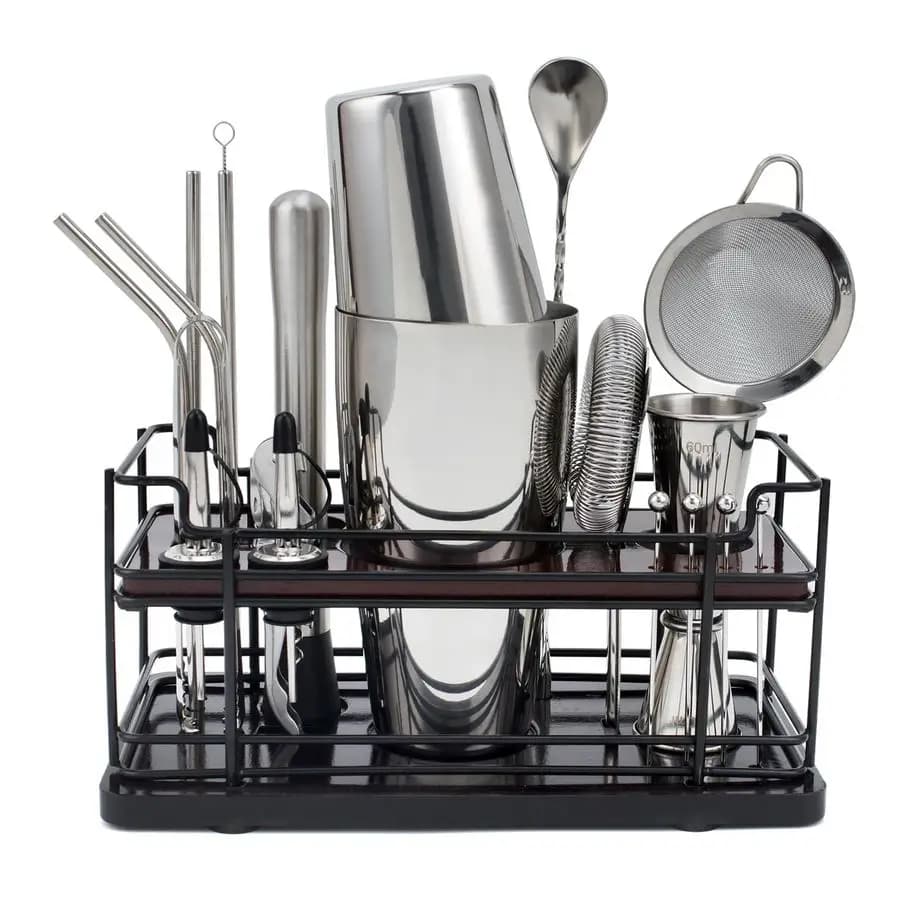 Set da cocktail con supporto, kit completo da barista da 20 pezzi per uso domestico, set da bar essenziale con shaker da 18oz e 28oz.
