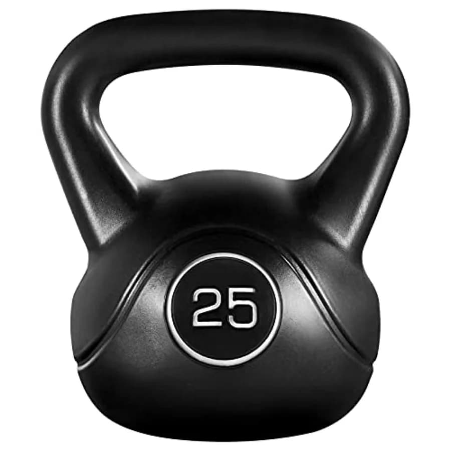 Kettlebell Rivestito in HDPE da 25 libbre per Allenamento Fitness, Bodybuilding e Sollevamento Pesi: con Base Larga e Piatta e Impugnatura Ergonomica, Nero