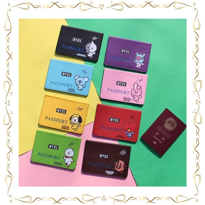 BTS Cartoon Image Leather Cover Passport Holder Exquisite Storage Bag Star Periphery