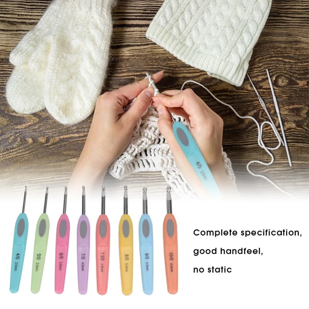 8PCS Aluminium Crochet Hooks Set PVC Ergonomic Handle Colorful Soft Plastic Handle Knitting Needles 2.5-6mm Crochet Hook Kit