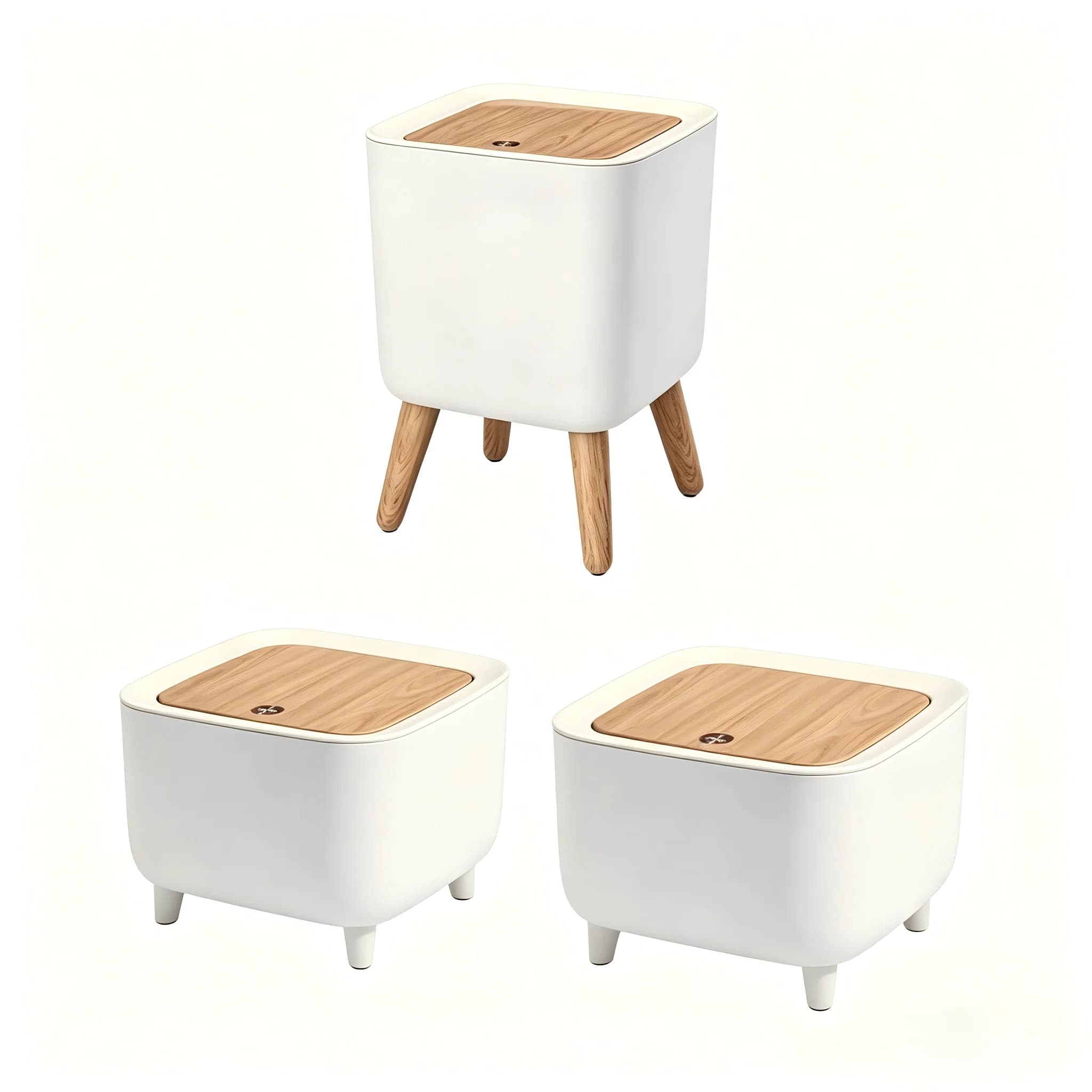 Set di 3 Cestini per Rifiuti - Cestino Rialzato da 7L con Gambe Effetto Legno + 2x Cestini da Scrivania da 2L, Coperchio a Pressione, Stile Nordico Minimalista