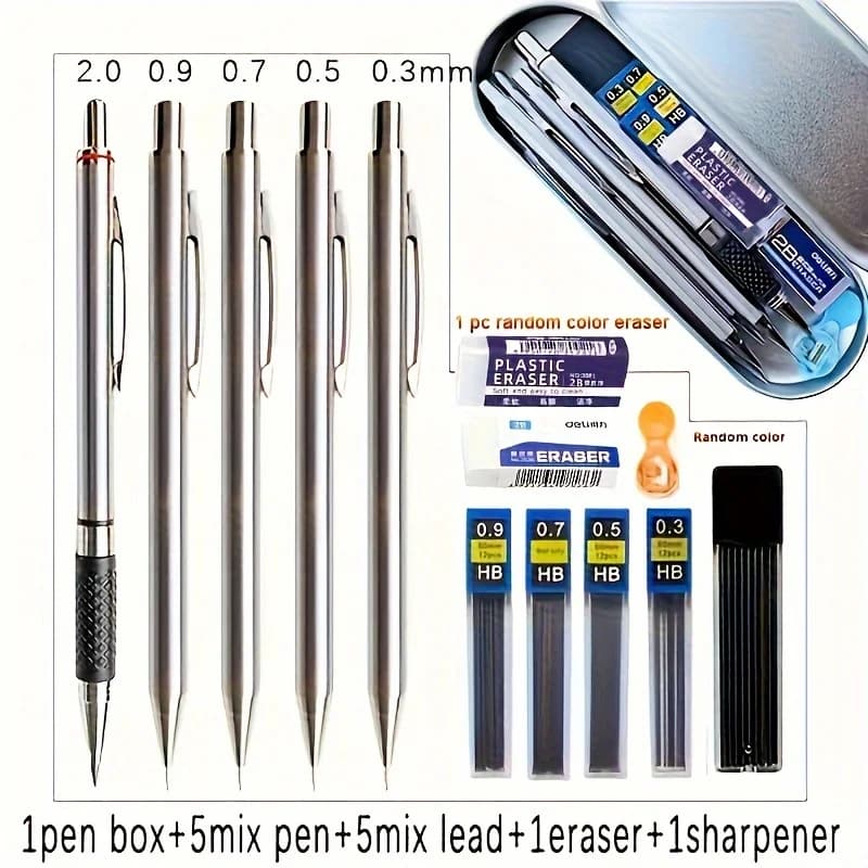 12 pz/scatola matita meccanica in metallo con scatola portapenne Set di temperamatite a colori con gomma da cancellare 0.3 0.5 0.7 0.9 1.3 2.0mm Art Sketch