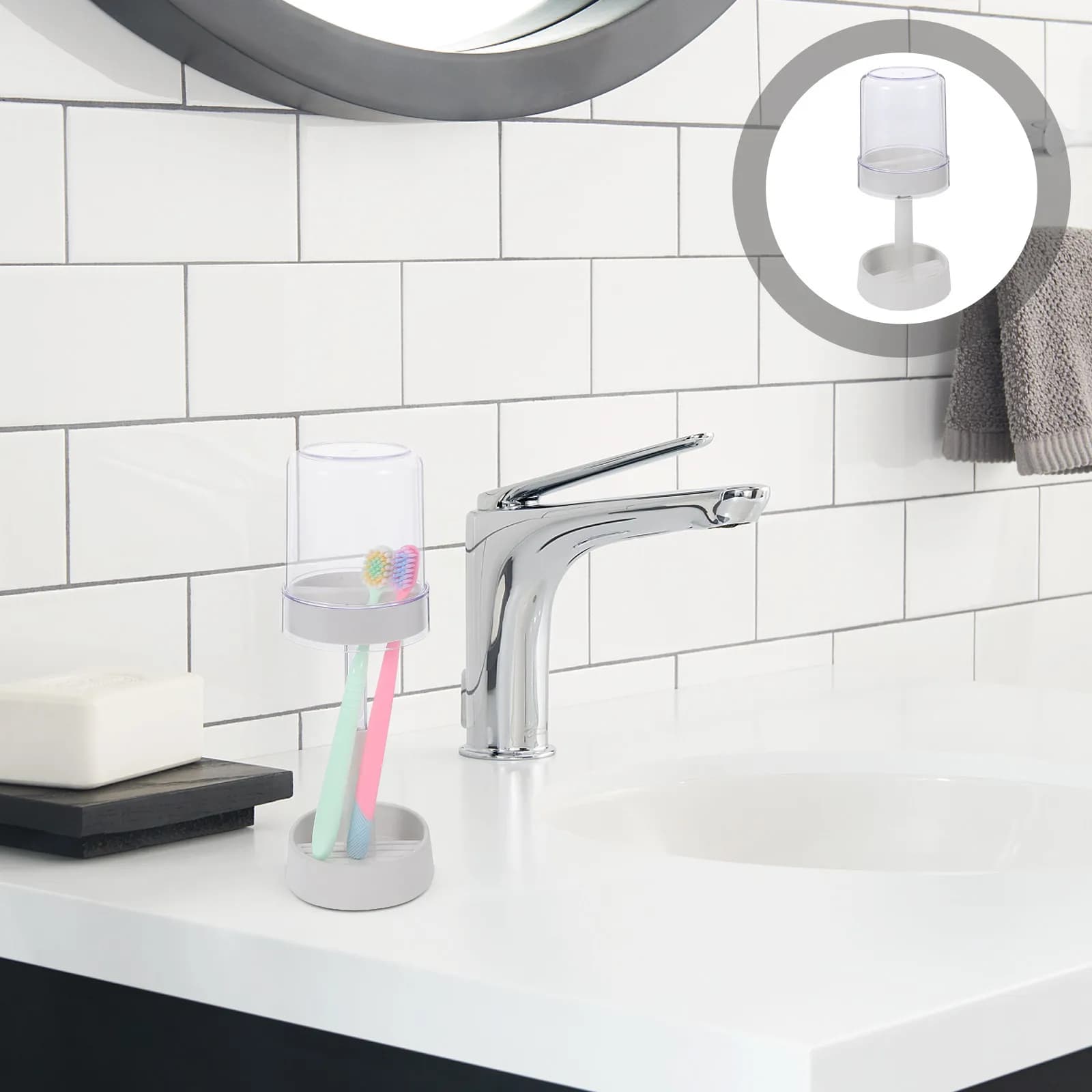 Support for Electric Brush with Rinse Glass and Lower Tray for Storage of Brushes and Toothpaste, Modern Bath Organizer